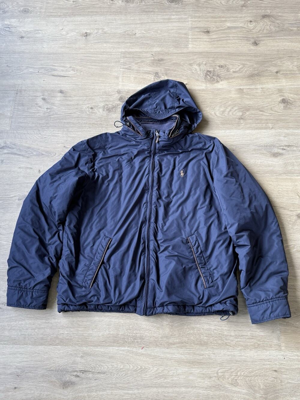 Vintage 90s Polo Ralph Lauren Jacket Leather Trim Stowed Hood Bomber Coat L Blue